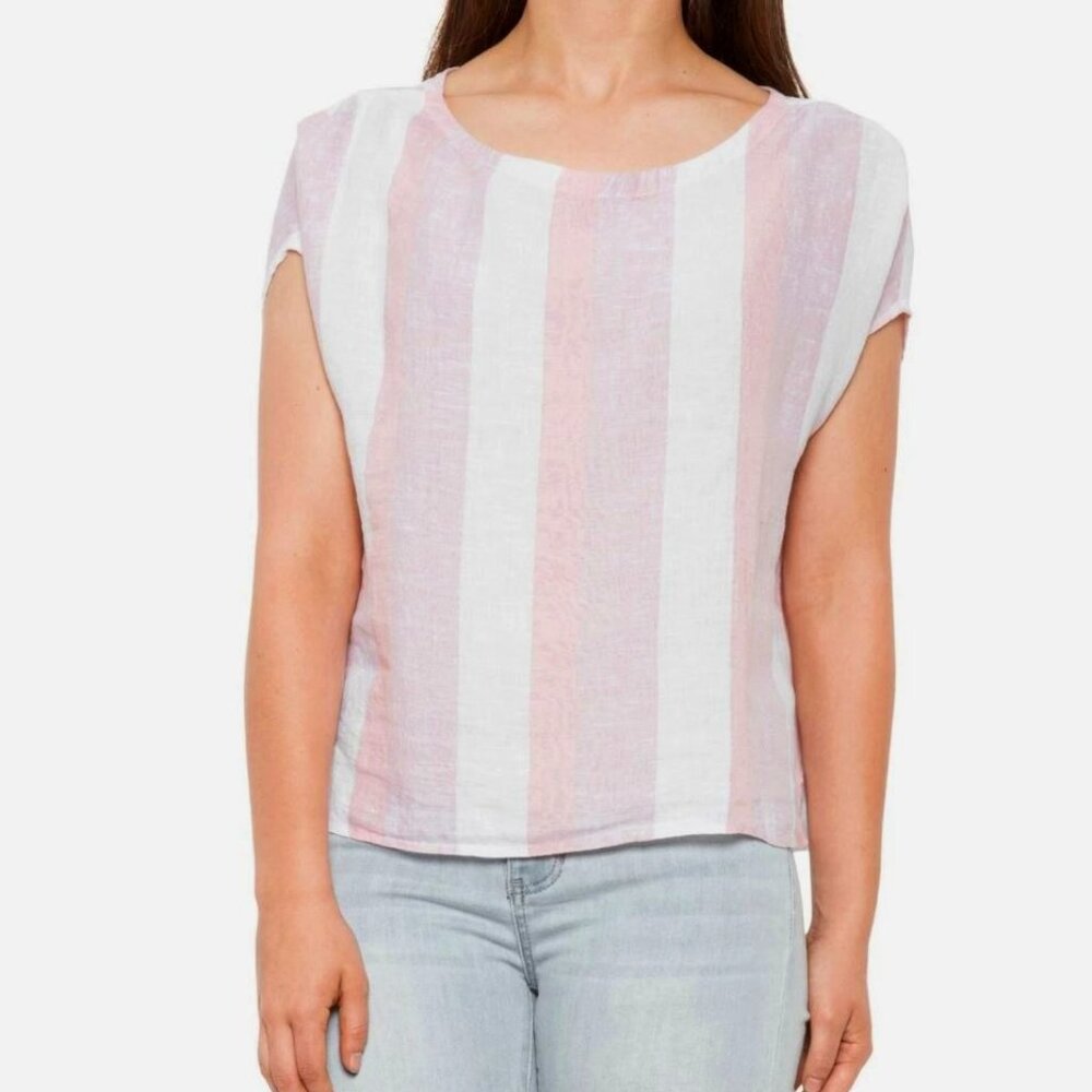 C&C California | 100% Linen Striped Button Back Boxy Top White & Pink | Medium